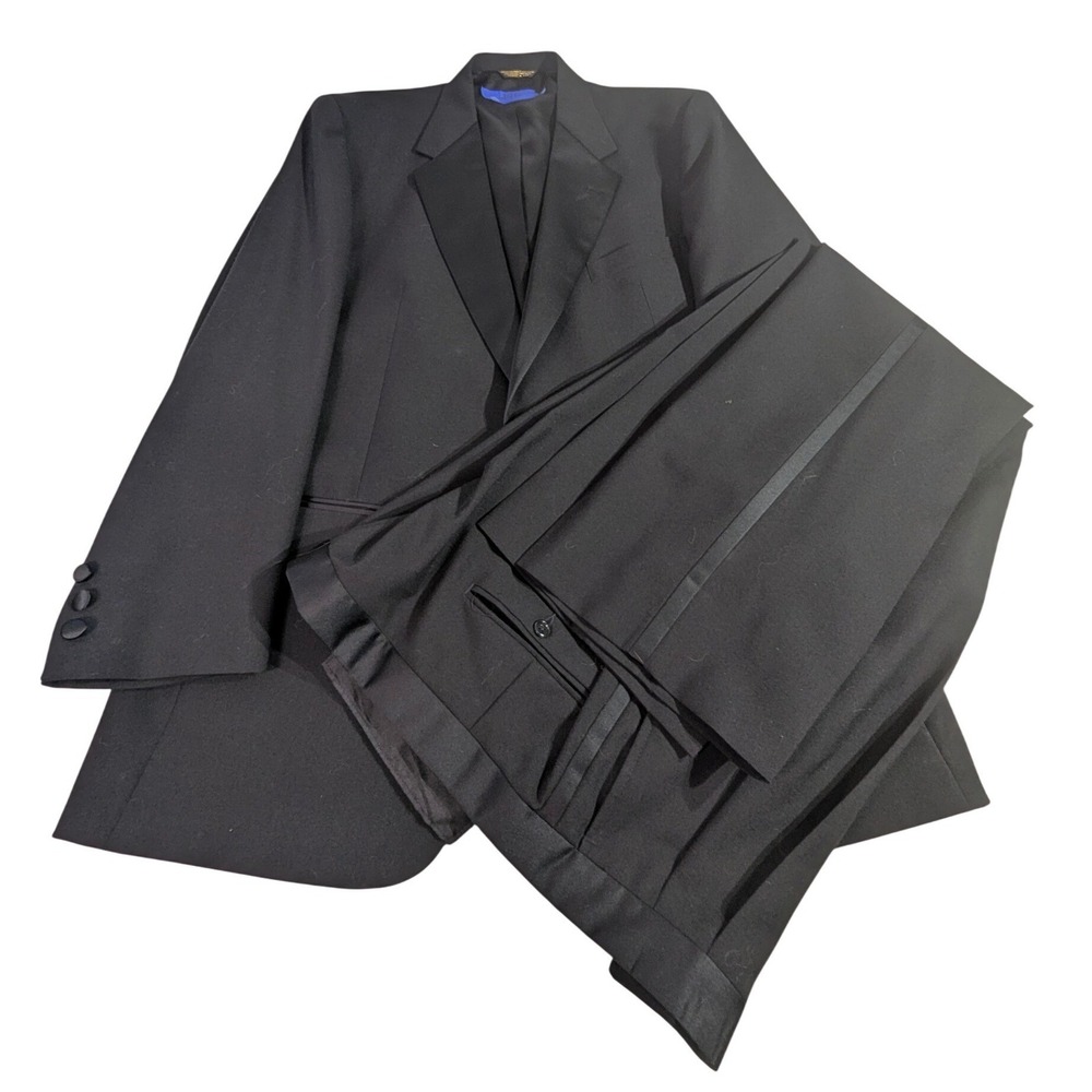 Vintage Black Wool Tuxedo Suit Set 44L Peak Lapel USA‎
